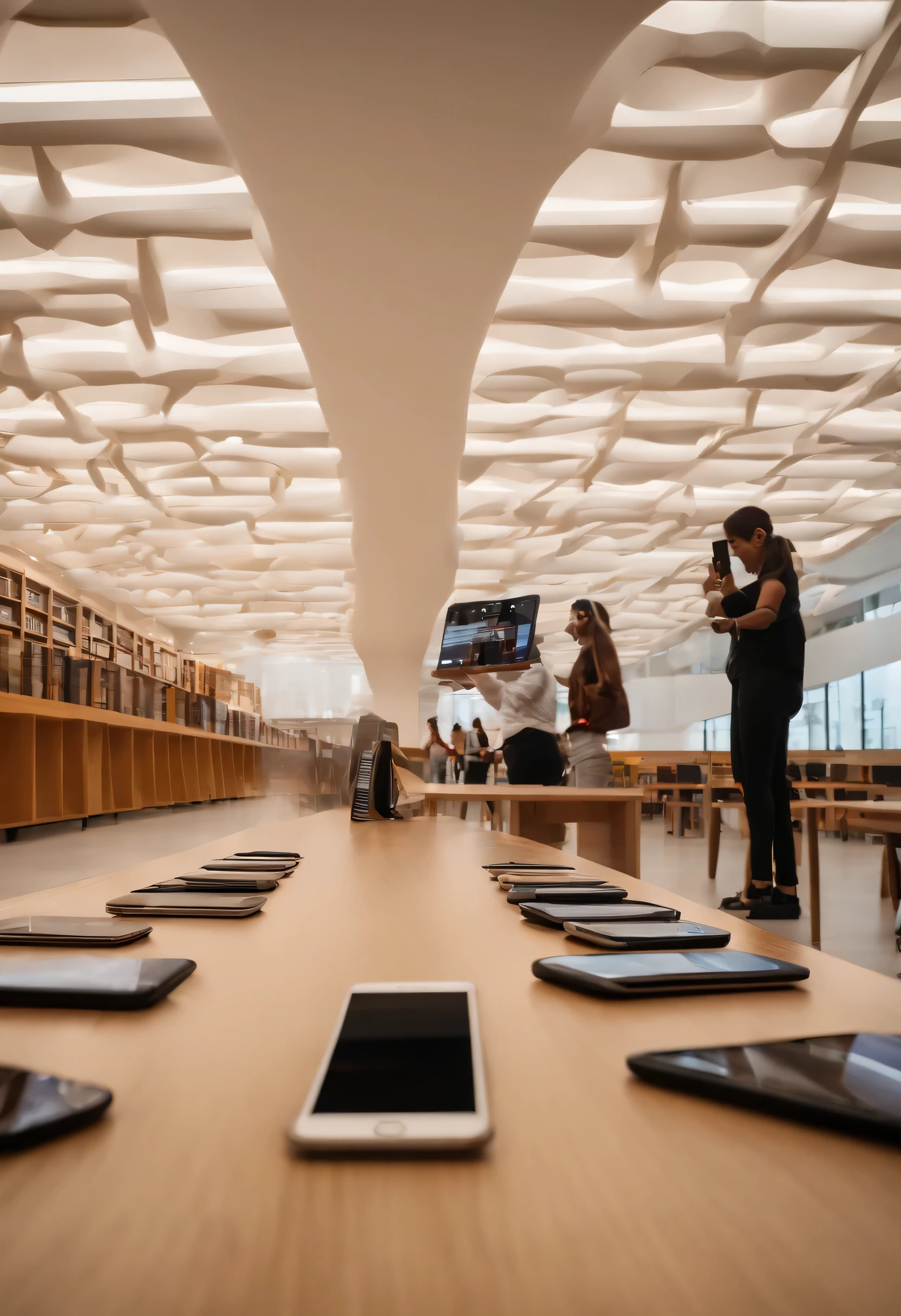 biblioteca virtual, a spacious, bright space with digital shelves that extend to the ceiling.No centro da imagem, a group of people of different ages and ethnic backgrounds are using tablets and smartphones to access books, filmes, music and other cultural content. The walls of the virtual library are decorated with images of works of art from different cultures.Tablets,smartphones,Bluetooth headphones and virtual reality glasses on the table. Ambiente bem iluminado e claro.