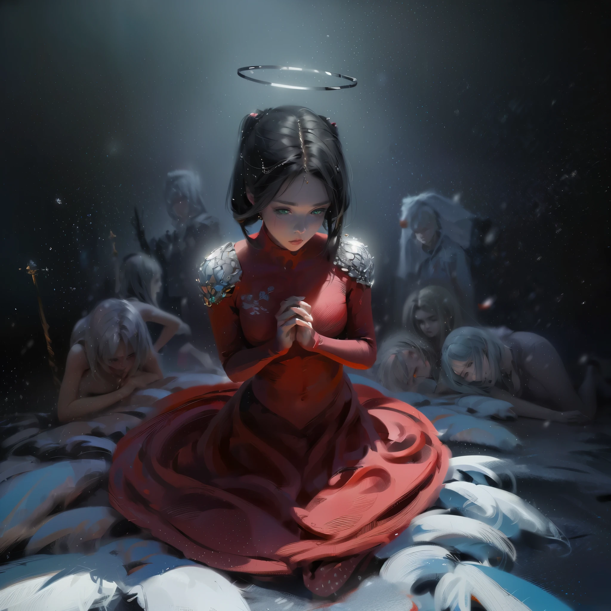 by wlop, a (Masterpiece), (Highest quality:1.4), (Highest Detailed:1.3), Snow Angel, Show the woman surrounded by delicate snowflakes, turquoise color eyes, looking ethereal and angelic as she bows her head in prayer. perfect anatomy, (Rendered in ultra-high definition (UHD) resolution 8K:1.4)