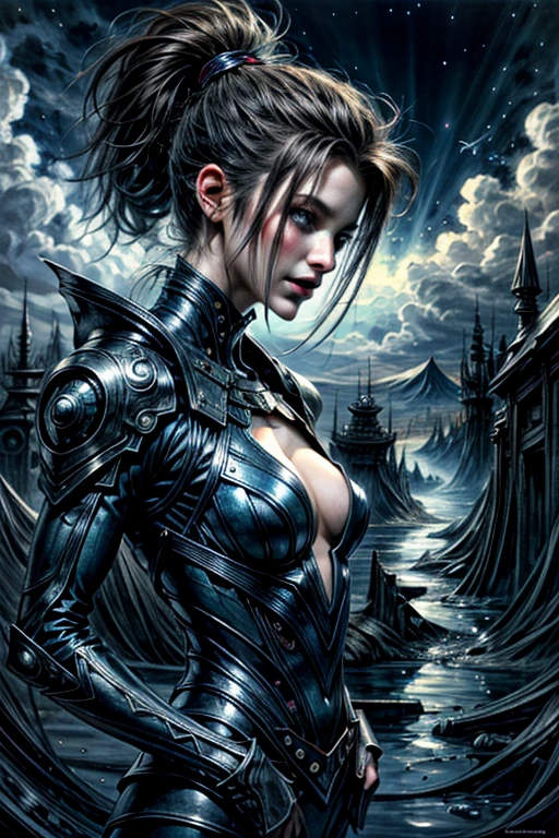 (High resolution,realistic,sharp focus),Humanoid alien creature with a vertically split face forming a mouth shape,beautiful woman like predatory creature,Alien/monster hybrid,scary hunter,[cosmic,extraterrestrial] There is organic matter,otherworldly predator,beyond life,short platinum hair,shining eyes,intense sight,[elegant,grace],enchanting facial features,[sharp,pointed,elongated] teeth,[toxic,toxic] tooth,intense,enchanting smile,Smooth yet muscular body,[curve,shape] There is a woman like,[grace,Towering],more_details:1,Alien skin texture resembling iridescent scales,[ethereal,luminescent] shine,[Evil,Unlucky] aura,Slurping,bipedal walking,[tranquility,predatory] enchanting footsteps,hypnotic dance,[spooky,Unforgettable] graceful,contrasting colors,[darkness,Shadow] hug a living thing,Dystopian background landscape,[cosmic,Milky Way] background, celestial bodies,pulsating clouds,[extraterrestrial,surreal] vegetation,rays of ethereal light [filtering,caress] scene,dramatic chiaroscuro lighting,penetrating the darkness,Create an intimate yet frightening atmosphere.