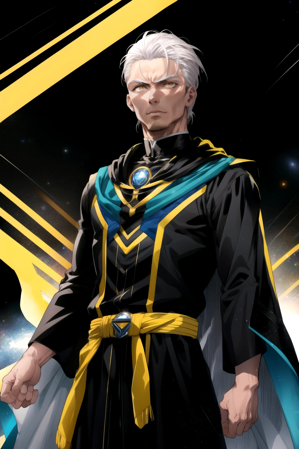 One male, 40 years old, power rangers villain, white hair, slicked-back hairstyle, black robes, yellow eyes, space background, facing viewer