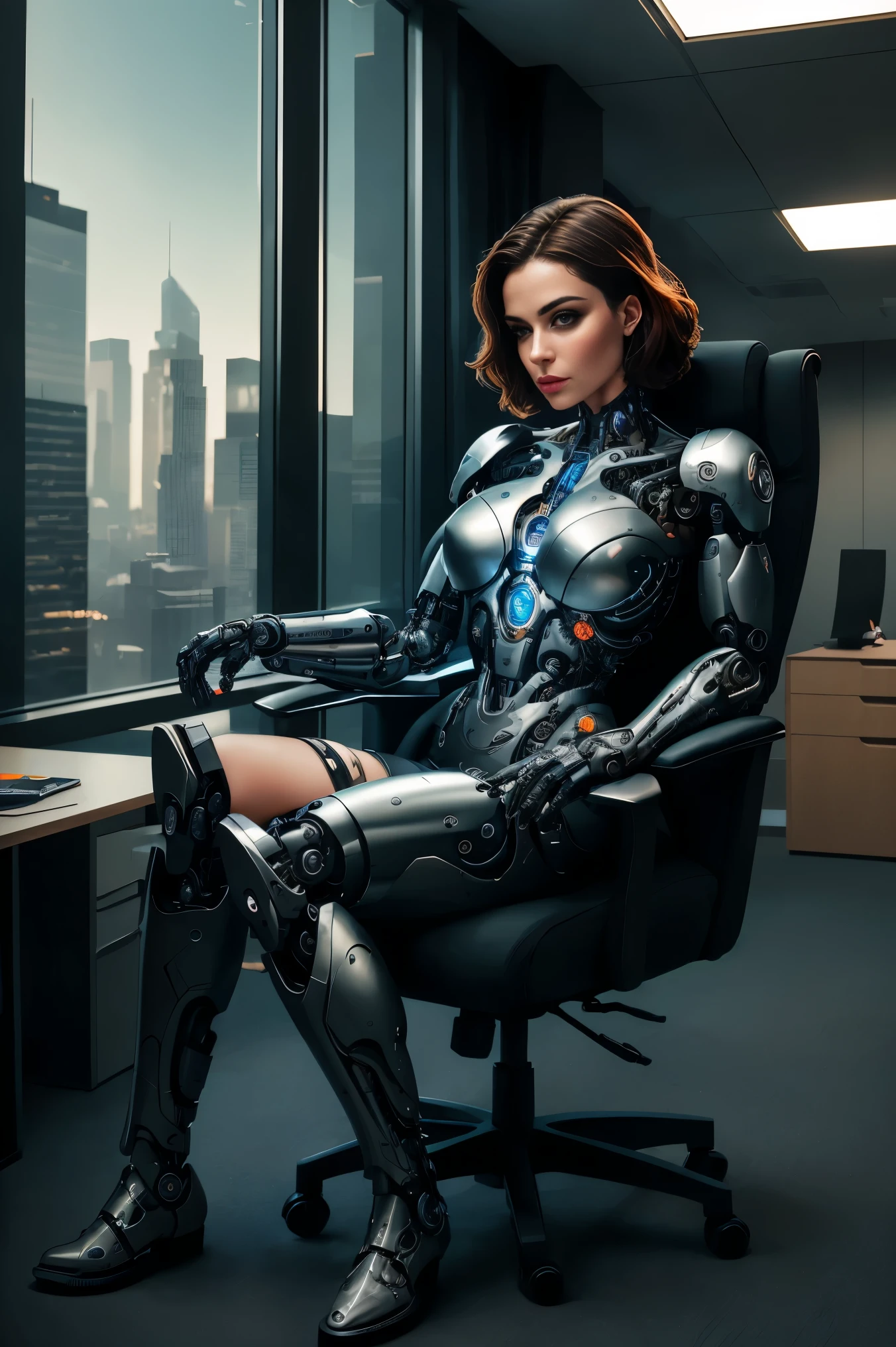 A female cyborg sits with her feet up in a luxurious chair inside an office in a skyscraper in a big city. The office is adorned with modern furniture and sleek technology. The cyborg's eyes are beautifully detailed, with long, fluttering eyelashes that accentuate her captivating gaze. Her lips are also beautifully detailed, and her face is a stunning work of art, with extremely detailed features that showcase the artist's expertise. The cyborg has a slender body and a beautiful figure, with complex parts that are meticulously crafted to perfection. Her skin has natural textures that make it look hyperrealistic, and the lighting in the scene is soft and flattering, giving her an ethereal glow. The office is lit with a gentle, warm light, adding a sense of coziness to the otherwise futuristic setting. The cyborg wears heavy men's boots, which juxtapose with her delicate appearance. The overall image quality is of the highest caliber, with HDR effects that make the colors appear vivid and lifelike. The artwork is a true masterpiece, showcasing the artist's skill in creating a complex and visually captivating scene. The prompt captures the essence of beauty, complexity, and absurdity, making it a captivating piece of art.
