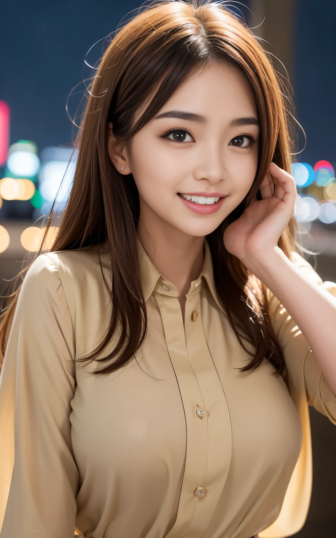 highest quality, figure, Ultra-detailed, finely, High resolution, 8K Wallpaper, 完璧なダイナミックな構figure, Beautiful Skin, (Big Eyes), 20 year old beautiful girl, Natural color lip, (Sexy pose), Mid chest, smile, Highly detailed face and skin texture, Detailed eyes, Double eyelid,leaking teeth and laughing, close-up,   Brown long hair, (beige blouse:1.2), Night view