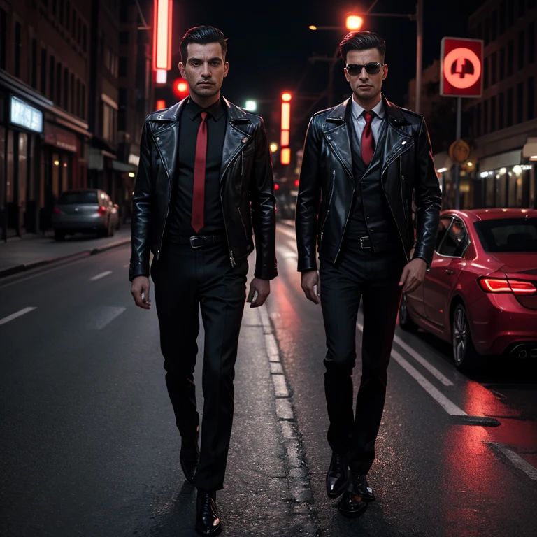 The man looked straight at me.,On the road at night, Outfit: sleek black leather jacket and red tie., Shot with a high quality camera with 45000000000 pixels..