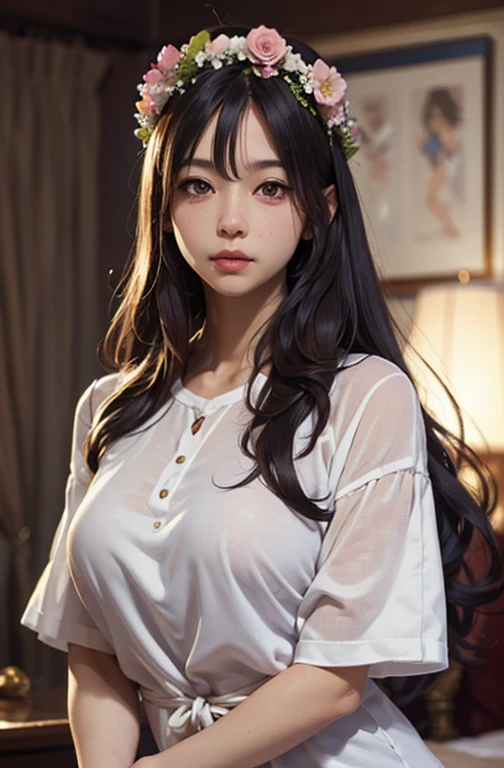 Anime girl with long black hair wearing a white shirt and a flower crown, Beautiful anime picture, stunning anime face portrait, Beautiful anime girl, Realistic kawaii image, Detailed image of an anime girl, Anime girl image, Realistic 3D anime style, realistic Young anime girl, Realistic anime art style, Young anime girl, Realistic anime style, Realistic anime art style  