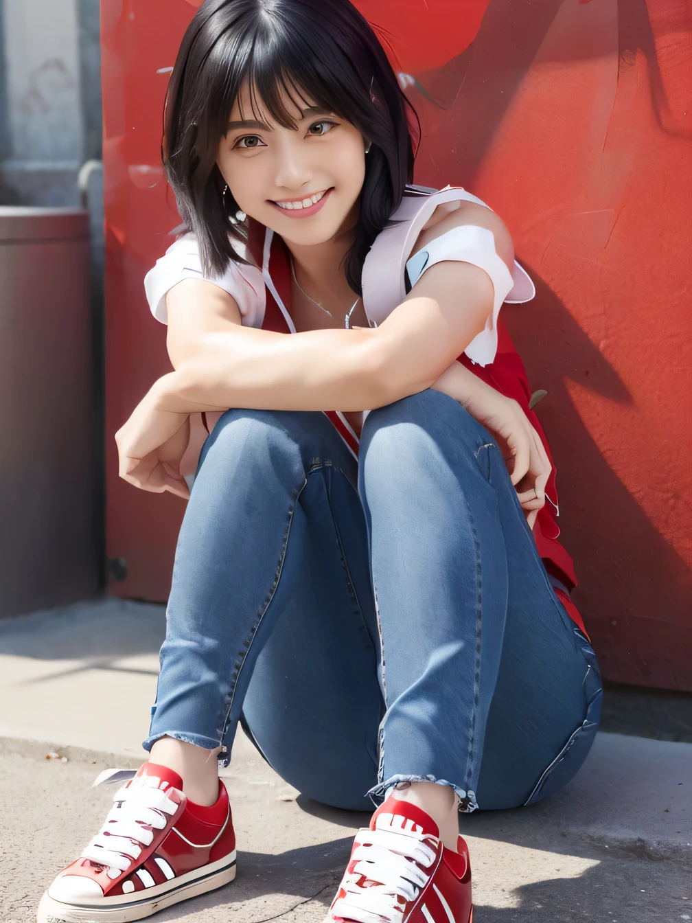 (8k, Realistic, RAW Photos, highest quality:1.4), (Realistic face), (Black Hair、short hair、Beautiful Hairstyles、ear piercing、, smile、Beautiful teeth alignment、Beautiful little blue eyes, (Realistic skin texture), (Beautiful Skin),charm, Ultra-high resolution, Ultra-Realistic Skin, (Natural light)、Golden Ratio, ((smile)), ((full body shot)), (((Red trainer)))、((Skinny jeans、sneakers)
information