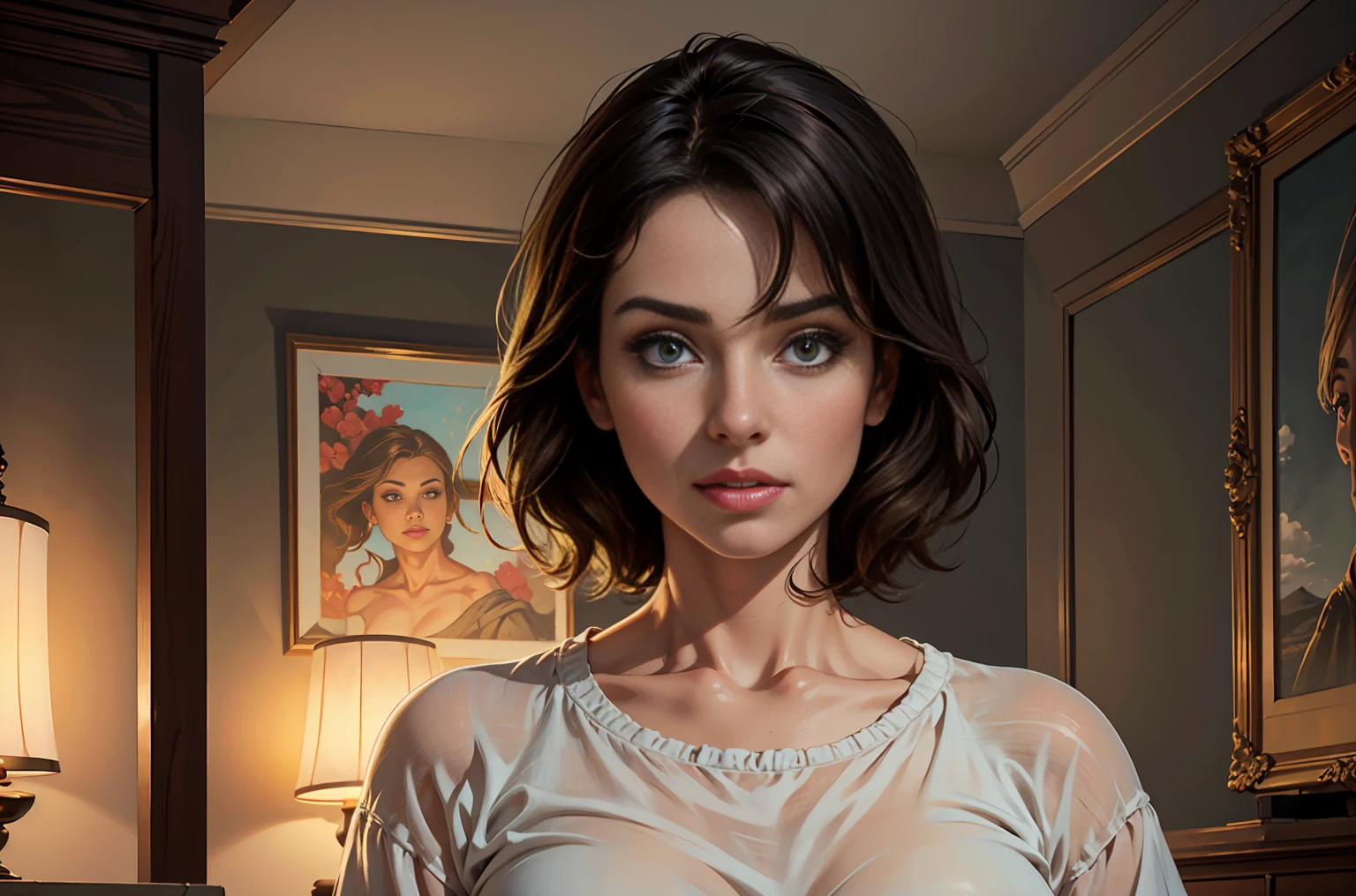 A tranquil ambiance with soft lighting sets the stage for a masterpiece in high-quality, realistic art. The focal point of the painting is a 40-year-old woman with detailed eyes and lips, complemented by her black, short hair. She is wearing a comfortable t-shirt, adding a touch of casual elegance to the scene. The cozy ambience creates a sense of tranquility and peace, immersing the viewer in a serene atmosphere. The lighting further enhances the mood, casting a soft glow that gently illuminates the woman's features. The attention to detail in this artwork is extraordinary, capturing every nuance with precision and depth. The overall effect is a captivating and lifelike portrayal of the woman, drawing the viewer into the painting.