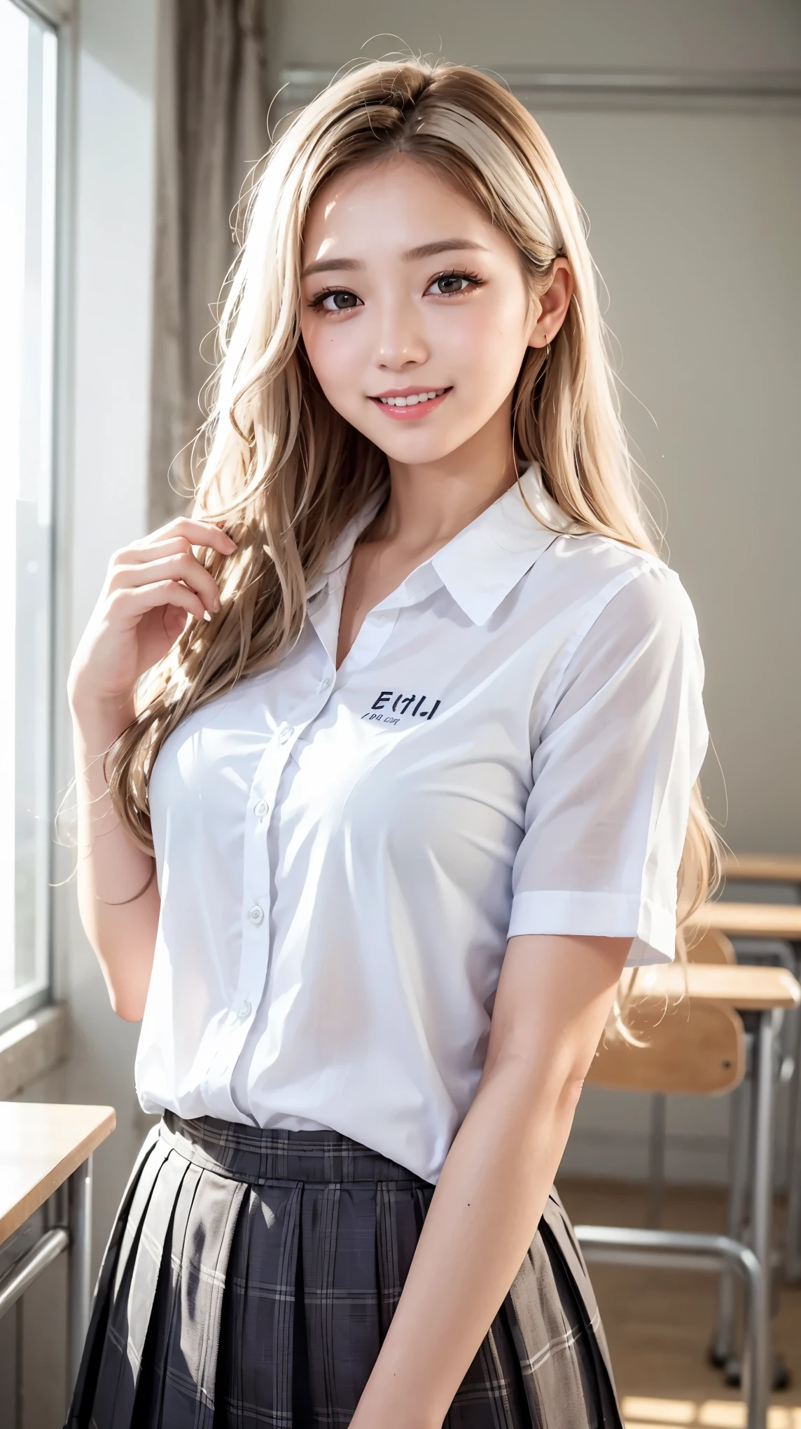 Realistic, masterpiece, highest quality, Highest Resolution, one Japanese high school girl, , Upper body photo, She narrows her eyes and looks at me with a shy smile and a smile, Laughing with mouth open, Beautiful and detailed eye drawing, (droopy eyes:1.3), Dark Eyes, Thin eyebrows, Carefully draw eyelashes, A little tooth is visible, Gal Makeup, (White brown wavy hair with white mesh, long hair, middle part:1.3), (hidden creased eyelids:1.3), He is wearing a neat white button-up shirt., She is wearing a short pleated skirt with a gray plaid pattern, A was photographed from below at an angle, School classroom