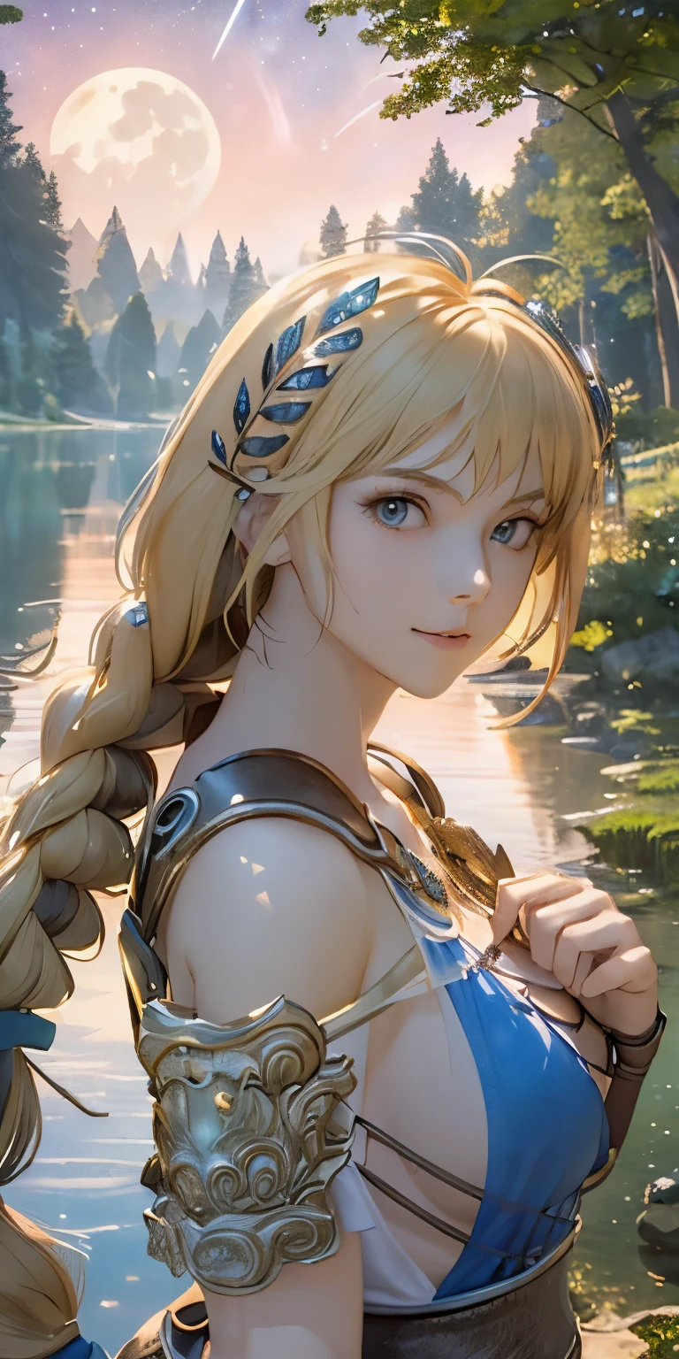 (masterpiece, best quality:1.3), Sophitia Alexandra, Soul Calibur, (upper body:1.5), anime, intricate detail, japanese style, 28 years old, look at viewer, gold hair, braid hair, (there is a beautiful night with a lake and trees in the background, colorful skies, surreal colors, colorful moon and stars, colorful sky, marvellous reflection of the sky:1.2),