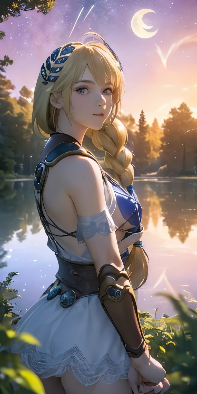 (masterpiece, best quality:1.3), Sophitia Alexandra, Soul Calibur, (upper body:1.5), anime, intricate detail, japanese style, 28 years old, look at viewer, gold hair, braid hair, (there is a beautiful night with a lake and trees in the background, colorful skies, surreal colors, colorful moon and stars, colorful sky, marvellous reflection of the sky:1.2), 