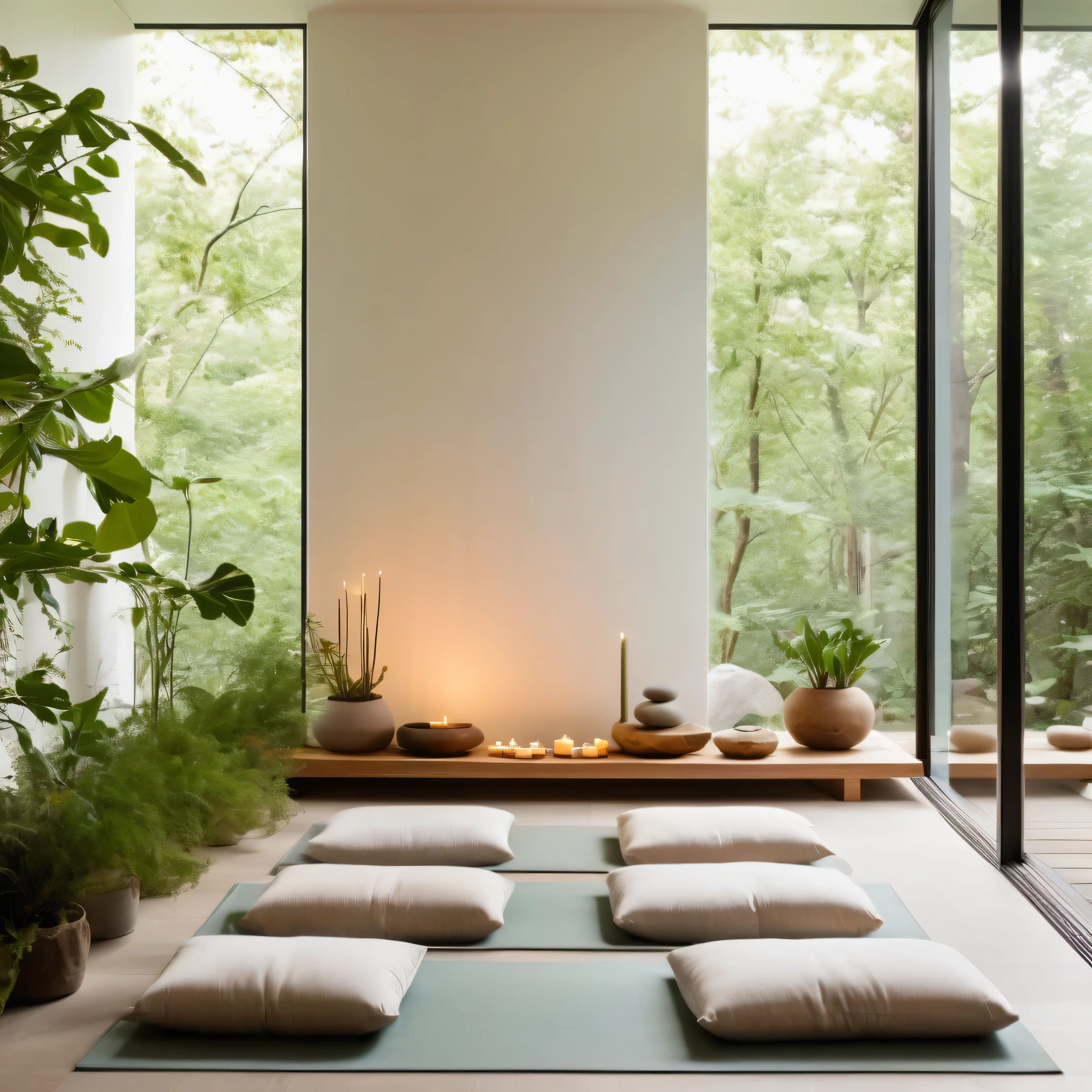 Step into a serene and modern European-style Meditation Room, designed to cultivate inner peace and mindfulness. The room features a minimalist aesthetic, with clean lines and neutral tones creating a tranquil ambiance. A large, shady transparent glass wall bathes the space in natural light, offering views of lush greenery outside. Inside, plush meditation cushions and soft yoga mats are arranged on the floor, inviting practitioners to find comfort and stillness. Ambient lighting fixtures emit a soft, soothing glow, while gentle instrumental music plays in the background, further enhancing the atmosphere of calm. A small altar at one corner of the room holds candles, incense, and symbolic objects for contemplation and reflection. A tranquil fountain trickles softly, providing a soothing soundtrack for meditation sessions. Additionally, essential oils and aromatherapy diffusers are available, filling the air with fragrant scents to promote relaxation and focus. With its serene ambiance and thoughtful design, this Meditation Room offers a sanctuary for quiet reflection and inner exploration.
