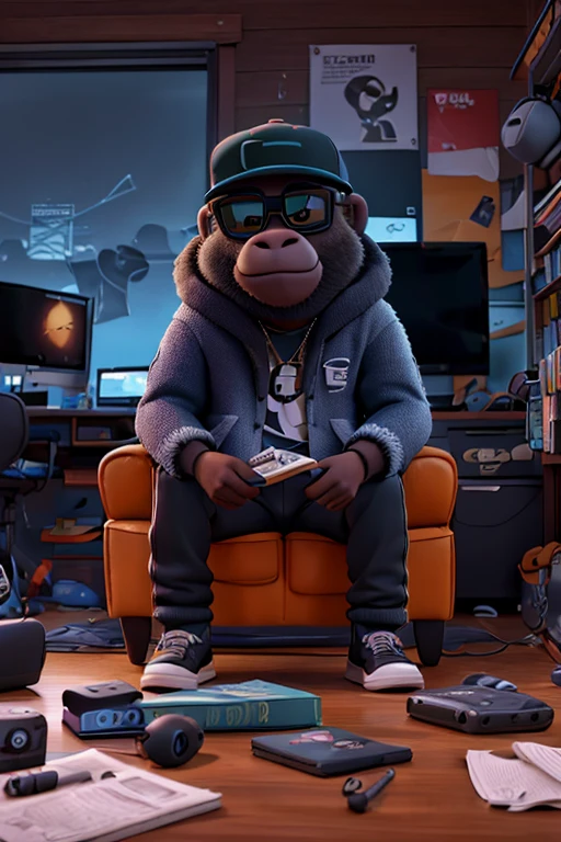 A swaggy gorilla wearing oversized sunglass, baseball cap, headphone and hip-hop attire. Sitting on the couch In the dark messy room, haze, full of books, big pc monitor with forex trading charts.
