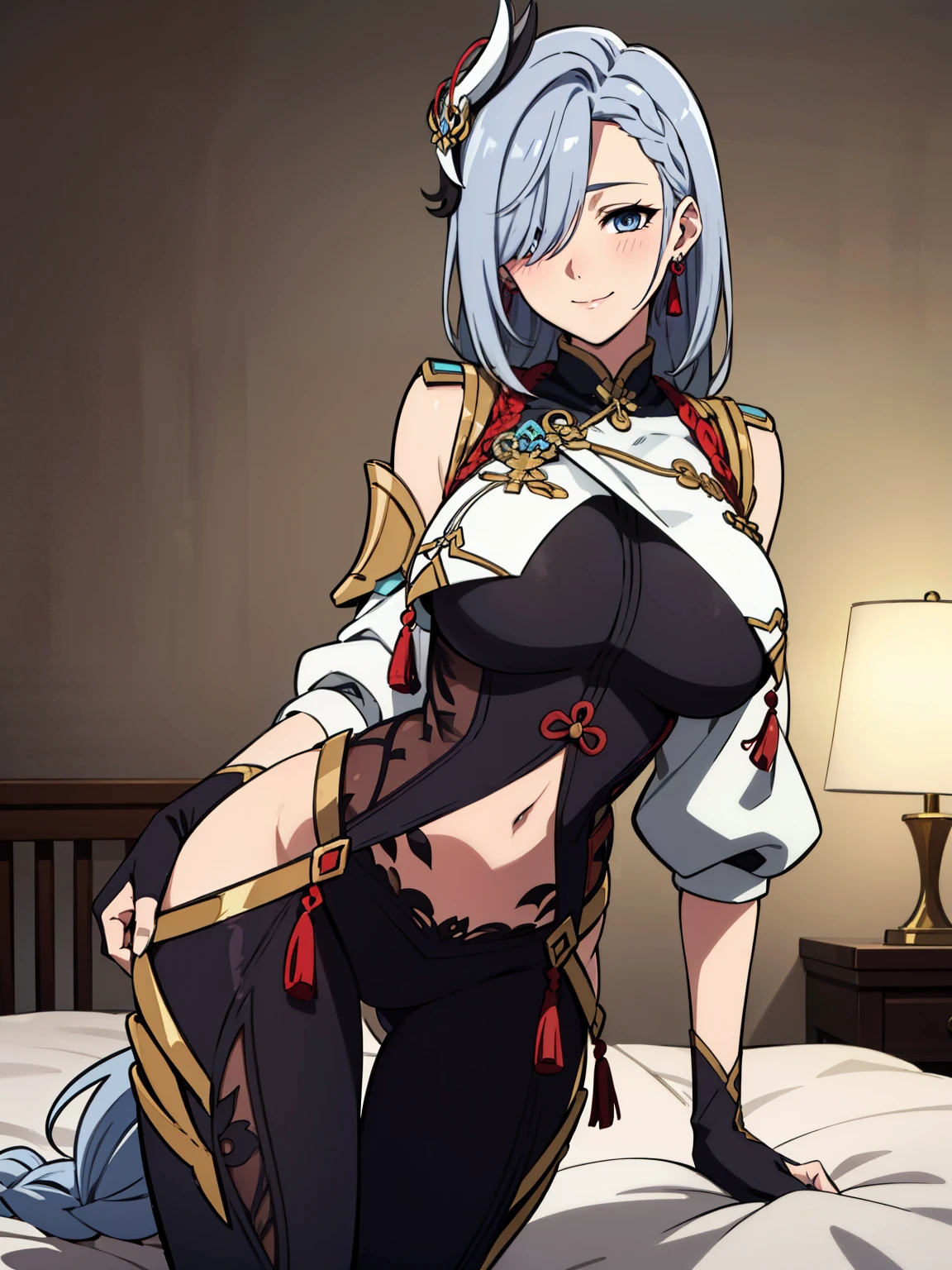 (all fours), rest on bed, pov from below, earrings, braided ponytail, puffy ses, gold trim, gloves, bodysuit, breast curthoulder cutout, (covered navel), hip vent, clothing cutout, tassel, (luxury bedroom background), ShenheV4, anime cels style, best quality, high resolution, 1girl, (huge breasts:1.2), beaface, grey hair, long hair, hair ornament, hair over one eye, blue eyes, cowboy shot, smiling, blushing