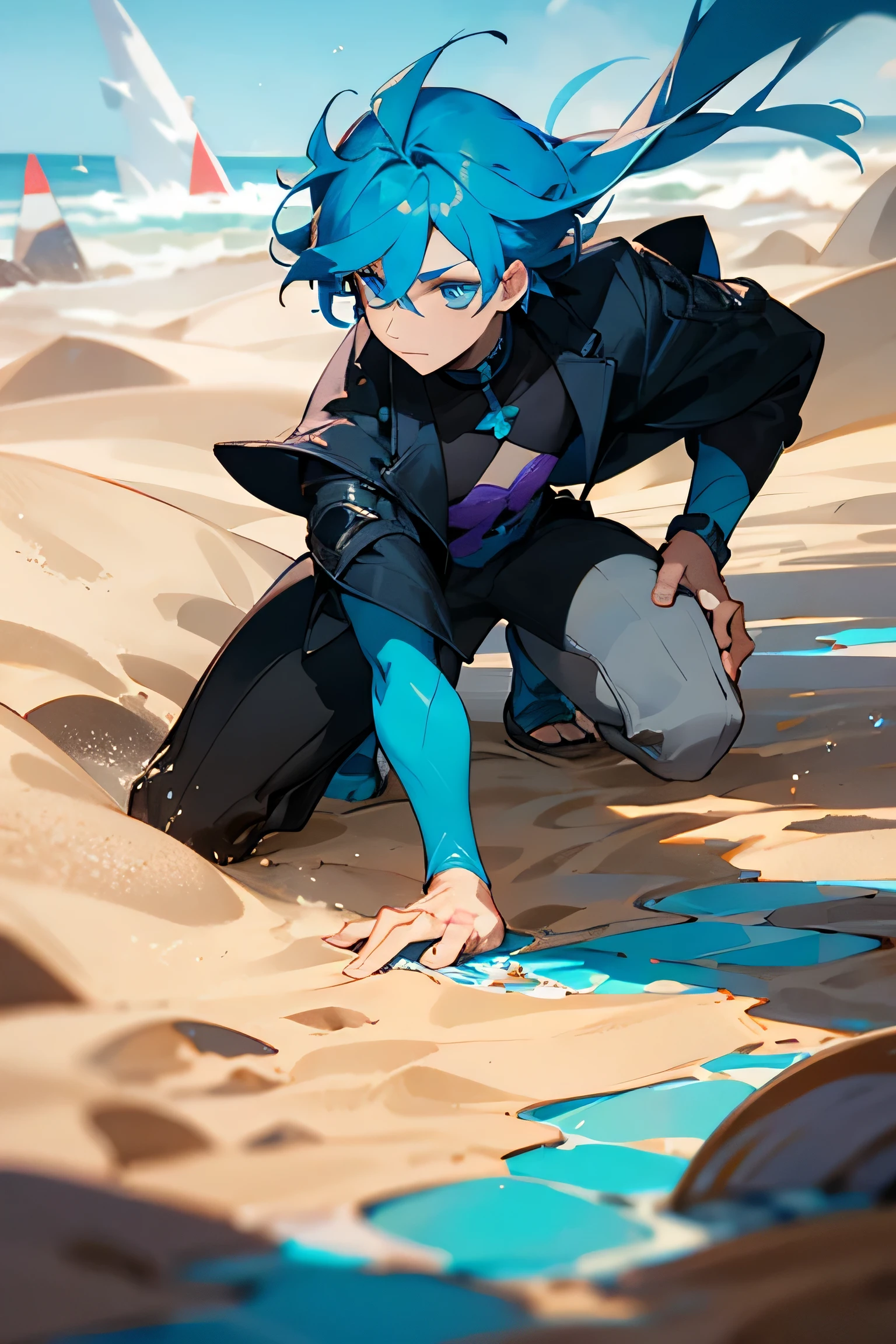 Male, Cyan hair, blue eyes, Dark clothes with purple details, turning sand Into Glass, surrounded by sand