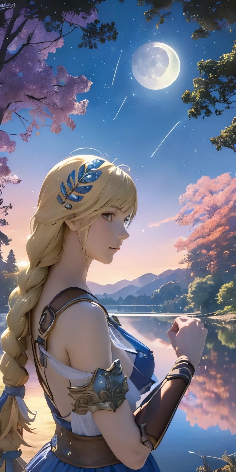 (masterpiece, best quality:1.3), Sophitia Alexandra, Soul Calibur, (upper body:1.5), anime, intricate detail, japanese style, 28 years old, look at viewer, gold hair, braid hair, (there is a beautiful night with a lake and trees in the background, colorful skies, surreal colors, colorful moon and stars, colorful sky, marvellous reflection of the sky:1.2), 