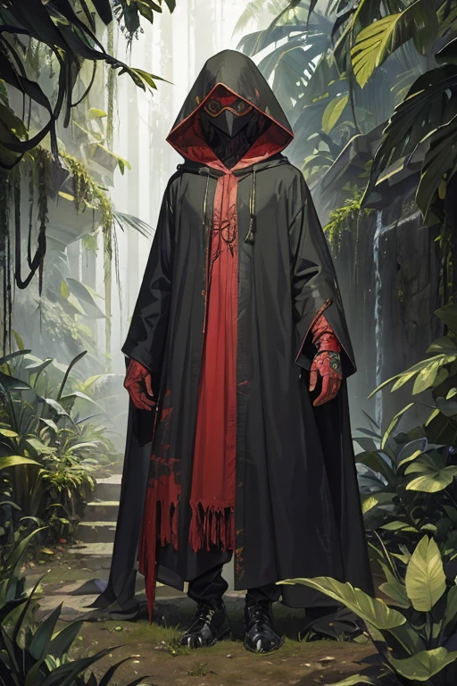menacing humanoid lizard sneaking around dressed in tattered hooded cloak, rainforest