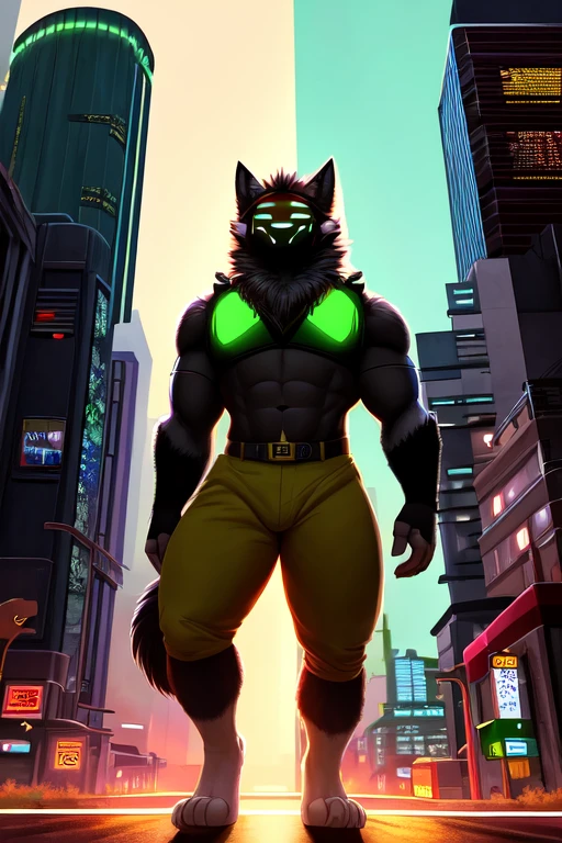 ((best quality)), ((masterpiece)), (detailed), perfect face, best quality, dynamic lighting, perfect shading, soft shading, soft colors, pastel colors, vivid colors, Protogen, muscular, big pecs, broad shoulders, imposing, Yellow-Green fur, detailed fur, thick fur, fluffy fur, canine appearance, nondescript species, lupine appearance, walking around city at night, futuristic city, taking place in 2XXX, Neo-Noir, Cyberpunk, East Coast, Maine, Metropolitan statistical area, Buildings are a combination of Bauhaus and Brutalist architecture 