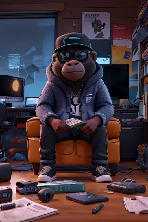A swaggy gorilla wearing oversized sunglass, baseball cap, headphone and hip-hop attire. Sitting on the couch In the dark messy room, haze, full of books, big pc monitor with forex trading charts.