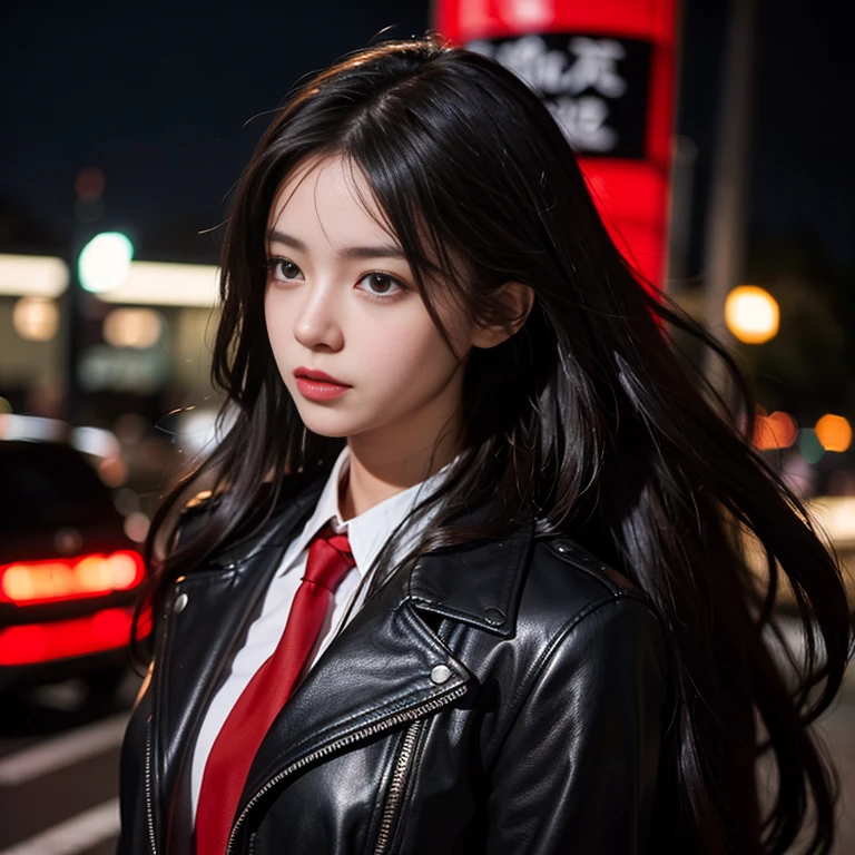 Young woman, 25 years old, with long, flowing hair flowing up, Looking straight ahead,On the road at night, Outfit: sleek black leather jacket and red tie., Shot with a high quality camera with 45000000000 pixels..