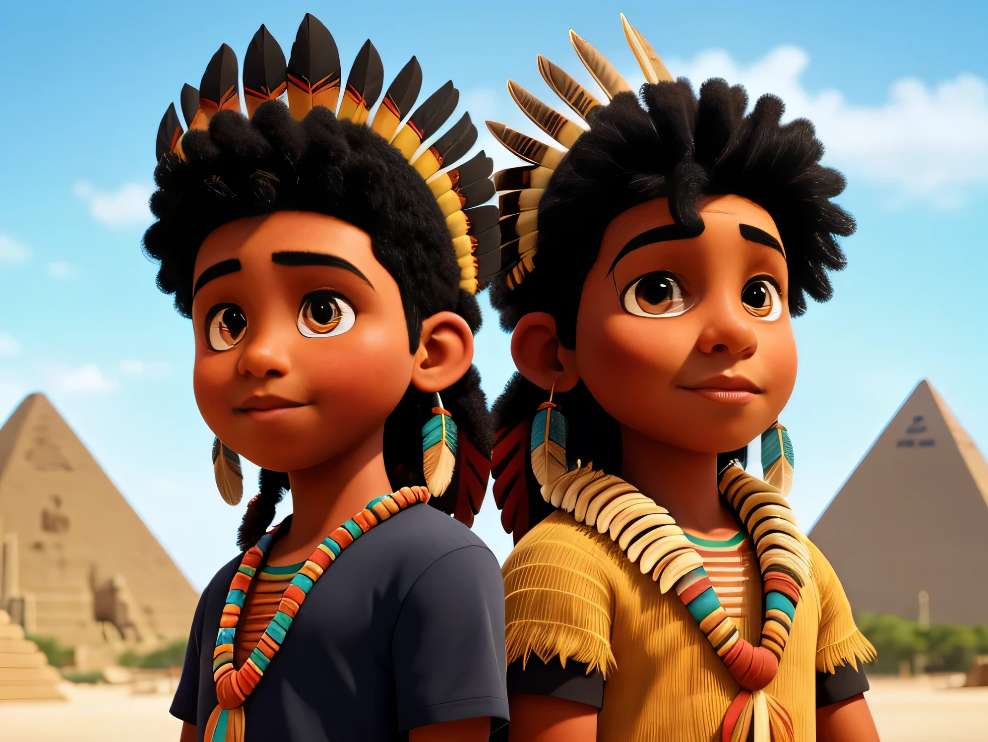 ((RAW photo, Best quality)), (Realistic, photo-realistic:1.2). A beautiful black indigenous boy in native dress with feathers and feathers on his head, amazon indian peoples in brazil, beautiful young black boy brazilian Native boy, Yanomami Indian in typical costumes,High quality. Egyptian pyramid background