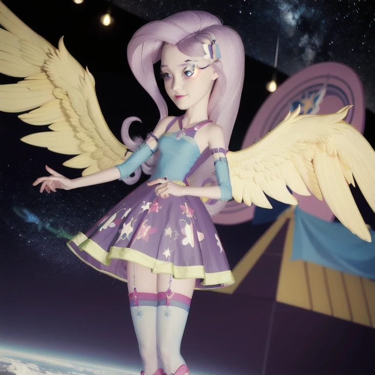 Derpy Hooves, my little pony, gray skin and wings, yellow mane, HUMAN BODY, 2 hands, 2 legs, female, long fur, in your direction, incriminating smile, looking the camera, standing intimidating, spread wings, fluffy feathers, feathers flying, floating in space, colored gases, neon stars, hyper-detail, 3d illustration, high contrast, masterpiece, hyper-realism, best quality, fantasy art, magnificent, celestial, epic, majestic, magical