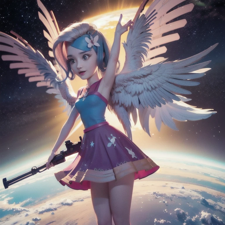 Derpy Hooves, my little pony, gray skin and wings, yellow mane, HUMAN BODY, 2 hands, 2 legs, female, long fur, in your direction, incriminating smile, looking the camera, standing intimidating, spread wings, fluffy feathers, feathers flying, floating in space, colored gases, neon stars, hyper-detail, 3d illustration, high contrast, masterpiece, hyper-realism, best quality, fantasy art, magnificent, celestial, epic, majestic, magical