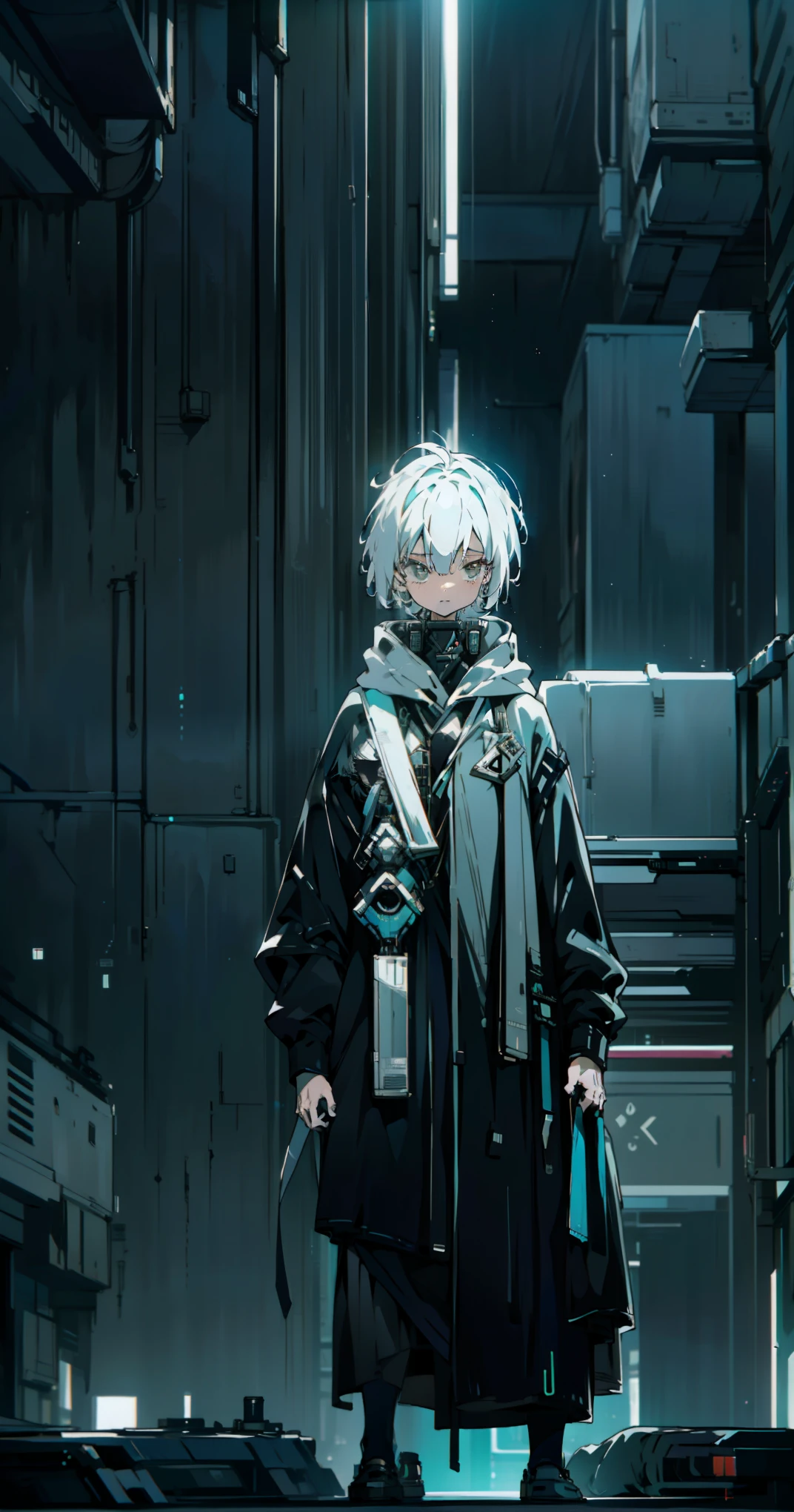 Boy, short hair, wearing cyberpunk hoodie, white hair, standing on top of a tall building where the whole city is visible, night time,high angle view,clear,definite,intelligible,unequivocal,perceptible,manifest,limpid unmistakable,noticeable,unblurred,itemized,particularized; exhaustive,thorough,comprehensive,detailed face,great art,amazing art,amazing skill,incredible skill,wonderful art,amazing artwork,fantastic art,incrediblegraphics,mind blowing creativity,stunning masterpiece