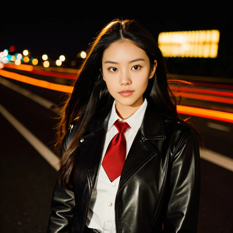 Young woman, 25 years old, with long, flowing hair flowing up, Looking straight ahead,On the road at night, Outfit: sleek black leather jacket and red tie., Shot with a high quality camera with 45000000000 pixels..
