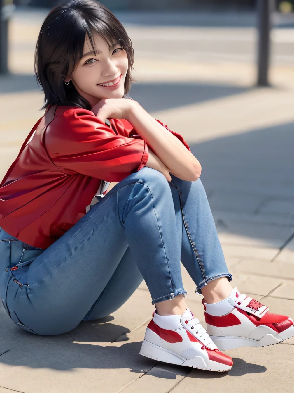 8k, Realistic, RAW Photos, highest quality:1.4), (Realistic face), (Black Hair、short hair、Beautiful Hairstyles、ear piercing、, smile、Beautiful teeth alignment、Beautiful little blue eyes, (Realistic skin texture), (Beautiful Skin),charm, Ultra-high resolution, Ultra-Realistic Skin, (Natural light)、Golden Ratio, ((smile)), ((full body shot)), (((Red trainer)))、((Skinny jeans、sneakers) information