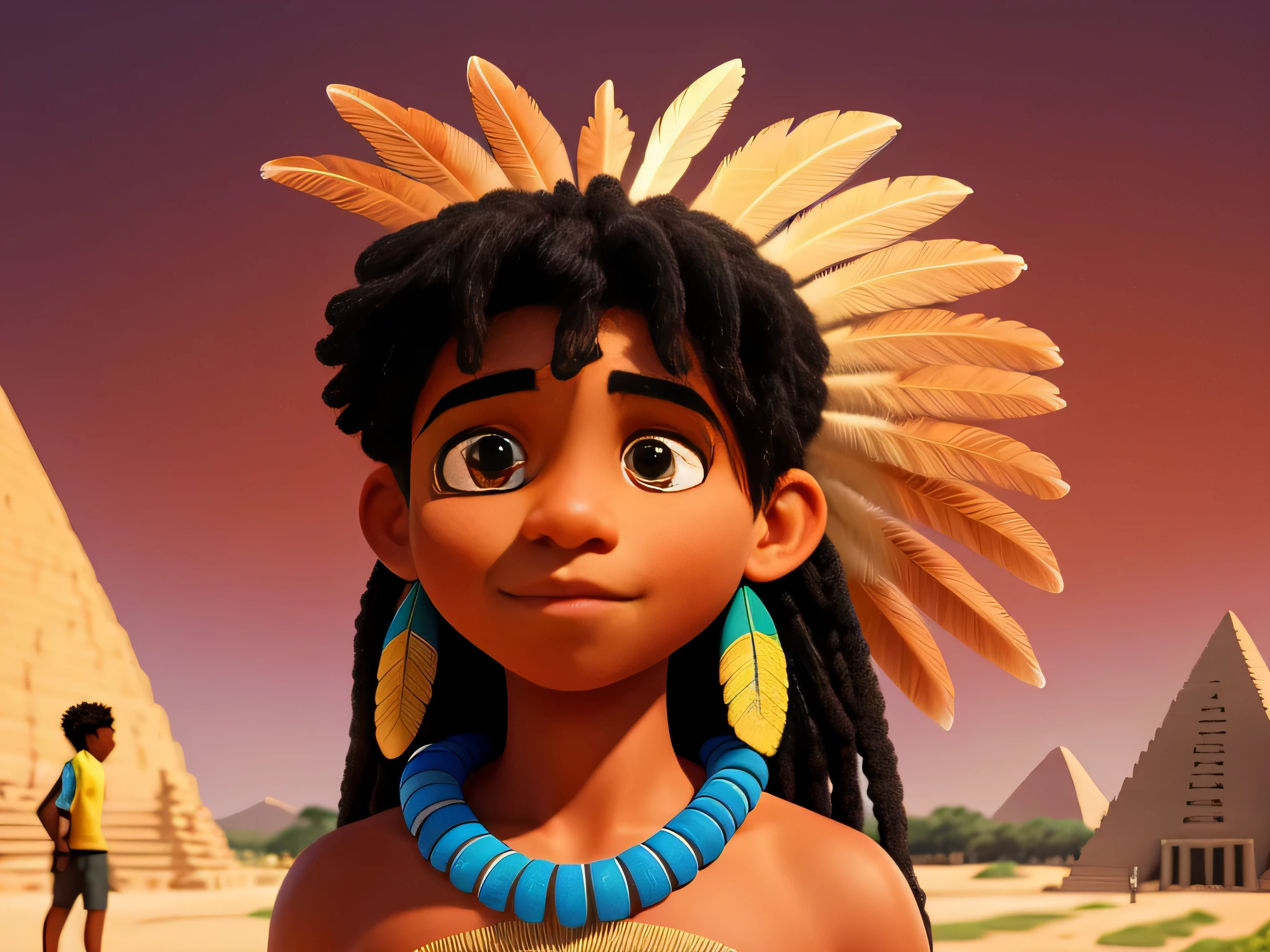 ((RAW photo, Best quality)), (Realistic, photo-realistic:1.2). A beautiful black indigenous boy in native dress with feathers and feathers on his head, amazon indian peoples in brazil, beautiful young black boy brazilian Native boy, Yanomami Indian in typical costumes,High quality. Egyptian pyramid background