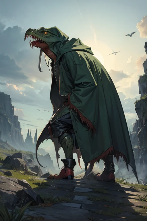 menacing lizardman sneaking around dressed in tattered hooded cloak