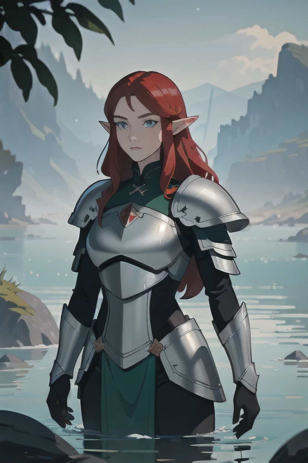 (masterpiece, best_quality, ultra-detailed, immaculate: 1.3), epic, illustration, elf mountain desert warrior lord, armor, dark hair, ((red hair)), very long hair, in the deep ocean, in a lush spring forest, bombshell hair, bright slate gray hair with green sea highlights, Bob Flapper, long hair 