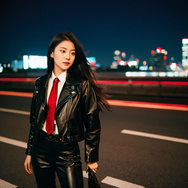 Young woman, 25 years old, with long, flowing hair flowing up, Looking straight ahead,On the road at night, Outfit: sleek black leather jacket and red tie., Shot with a high quality camera with 45000000000 pixels..