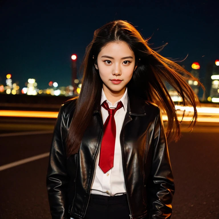 Young woman, 25 years old, with long, flowing hair flowing up, Looking straight ahead,On the road at night, Outfit: sleek black leather jacket and red tie., Shot with a high quality camera with 45000000000 pixels..