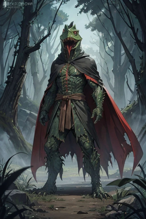 menacing lizardman sneaking around dressed in tattered hooded cloak, humanoid monster