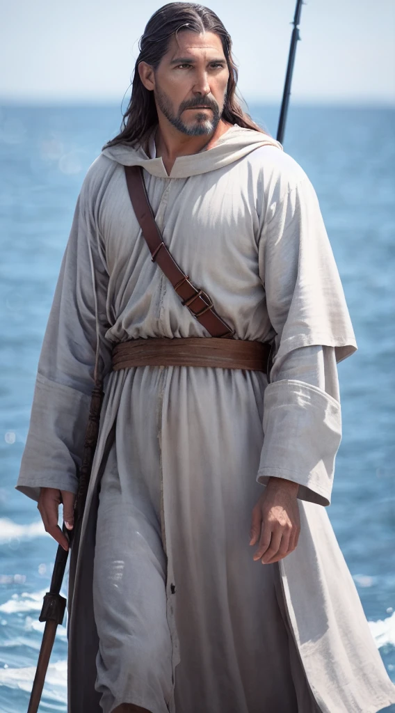 Jim Caviezel portraits as Jesus in the movie The Passion of Christ, walking on water in a storm, approaching fishing boat. He is slender, long hair, beard, white robe, red cloth cover,  gentle expression, streaks of light coming down from the sky, masterpiece, highest quality, high quality, highly detailed CG unit 8k wallpaper, award-winning photos, bokeh, depth of field, HDR, bloom, chromatic aberration, realistic, very detailed, trending at artstation, trending at CGsociety, complex, high detail, dramatic, mid-journey art, volumetric lighting
