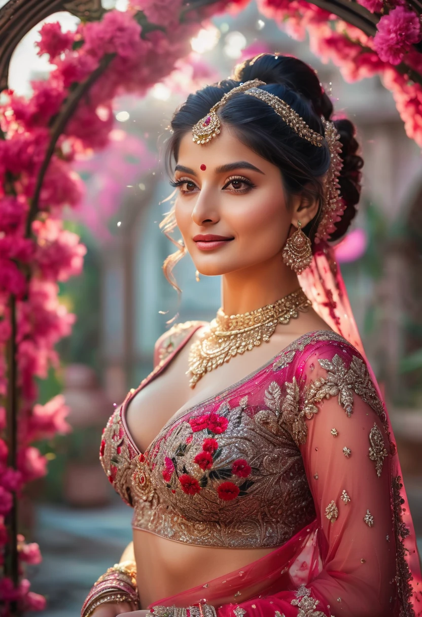 (((Stunningly Beautiful persian Princesss ))), elegant red black updo hair, Laetitia Casta, sweet smile, Beautiful bride posing under a fairy tale arch of exotic magical flowers, looking back,elaborate scene style, crystal glass lattice, glitter, transparent embroidered lace, realistic style, 8k,exposure blend, medium shot, bokeh, (hdr:1.4), (cinematic), ( dark tones:1.3), (hyperdetailed:1.2),Realism,1 girl,girl wearing indian saree(dressed in transparent saree)(wearing glitter graphics jewelry)big  ,Sexy Big Breast, pink nipples,bright light ,long_hair, Bokeh ,nsfw , indian ,tree branch, colourfull ,undersized bra,princess dress,lehenga choli