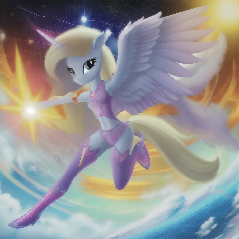 Derpy Hooves, my little pony, gray skin and wings, yellow mane, HUMAN BODY, 2 hands, 2 legs, female, long fur, in your direction, incriminating smile, looking the camera, standing intimidating, spread wings, fluffy feathers, feathers flying, floating in space, colored gases, neon stars, hyper-detail, 3d illustration, high contrast, masterpiece, hyper-realism, best quality, fantasy art, magnificent, celestial, epic, majestic, magical