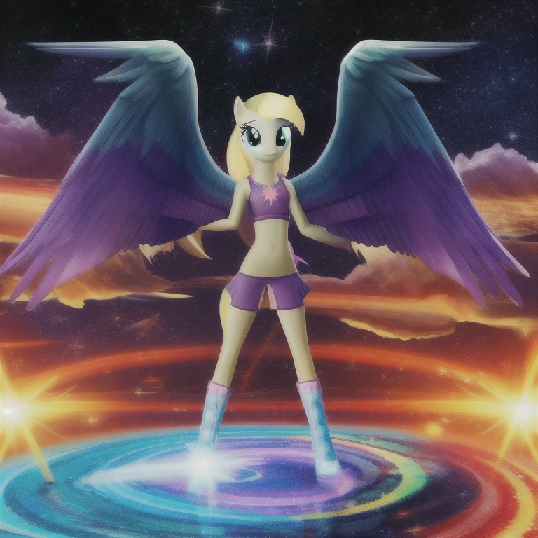 Derpy Hooves, my little pony, gray skin and wings, yellow mane, HUMAN BODY, 2 hands, 2 legs, female, long fur, in your direction, incriminating smile, looking the camera, standing intimidating, spread wings, fluffy feathers, feathers flying, floating in space, colored gases, neon stars, hyper-detail, 3d illustration, high contrast, masterpiece, hyper-realism, best quality, fantasy art, magnificent, celestial, epic, majestic, magical