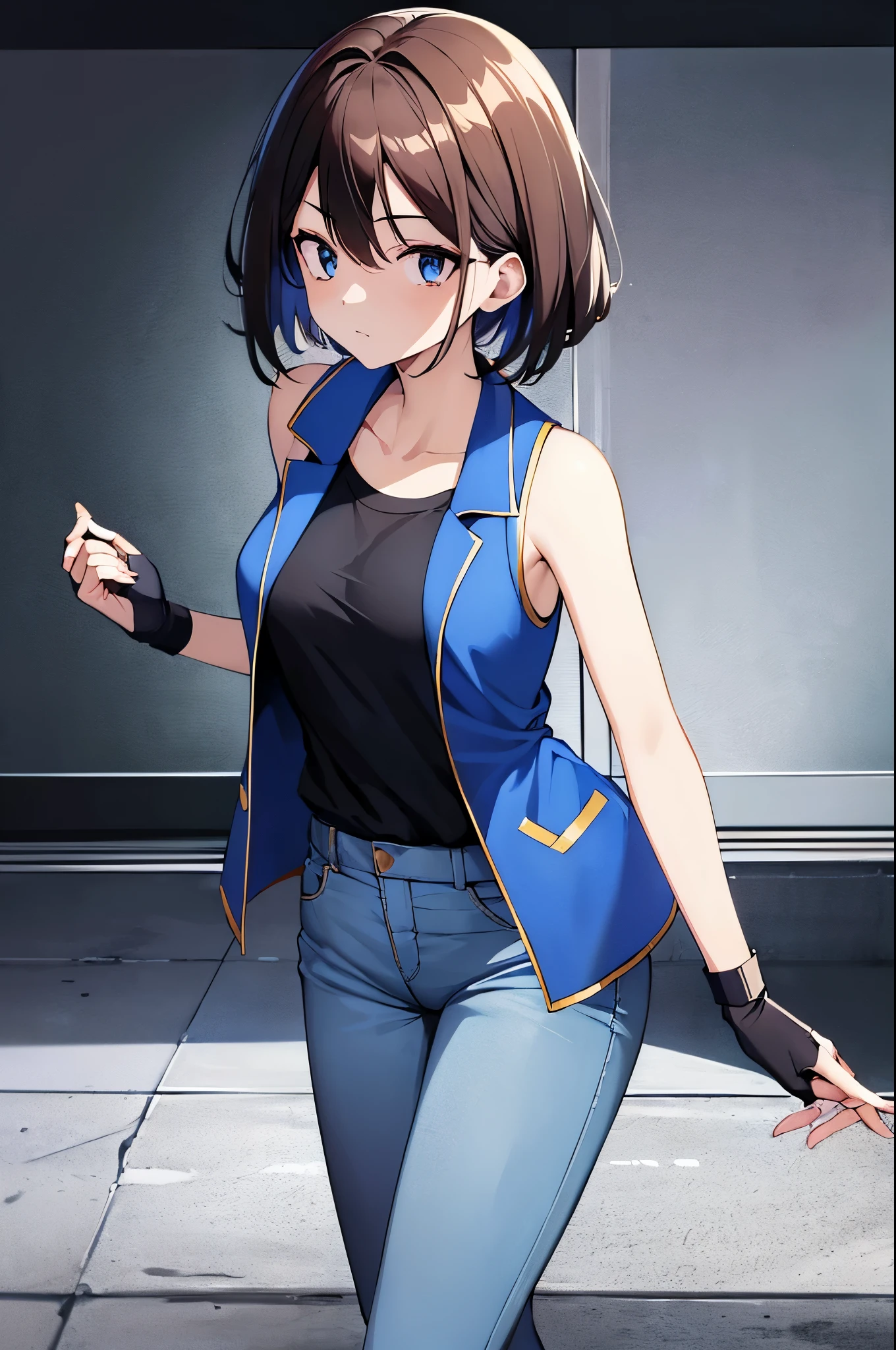 (masterpiece, best quality:1.2), expressive eyes, perfect face, highres, 1girl, solo, (female:1.5), OGAshK, blue jacket, sleeveless jacket, shirt, short sleeves, pants, fingerlss gloves, standing, upper body, looking at the viewer