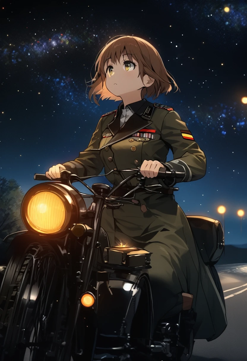 High quality, high definition images, full HD、8k.1 girl solo.old german military uniform,short hair,wear a german military helmet,chestnut hair,
drive a old military motorcycle,
Running along the night road with a light on,The night sky is full of stars,Looking up at the night sky, a large amount of stars flowing,A 、Distant Viewpoint