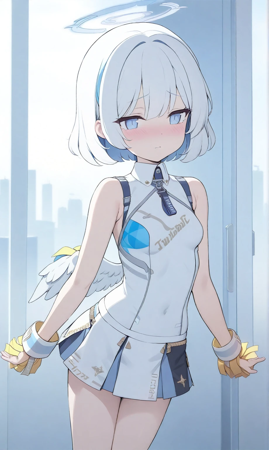 (Masterpiece, Slim Body, Delicate Fingers: 1.2), Best Quality, (Illustration: 1.2), (Hyper Detail), Eye Focus, Ultra Detail, (Fine Detail), (Intricate Detail), HDR, (Ultra Detail: 1.15), (Soft Light: 1.2), 1girl, (cheer leader:1.5), (White hair), (light blue eyes:1.3), medium, short hair, solo, (small breasts:1.3), masterpiece, (blushing:1.1), best quality, highly detailed, (fullbody image:1.5), kwaii, (blue inner hair:1.2), (Angel wings:1.5), (halo:1.3), standing, (mini skirt:1.5) (blue_archive\)