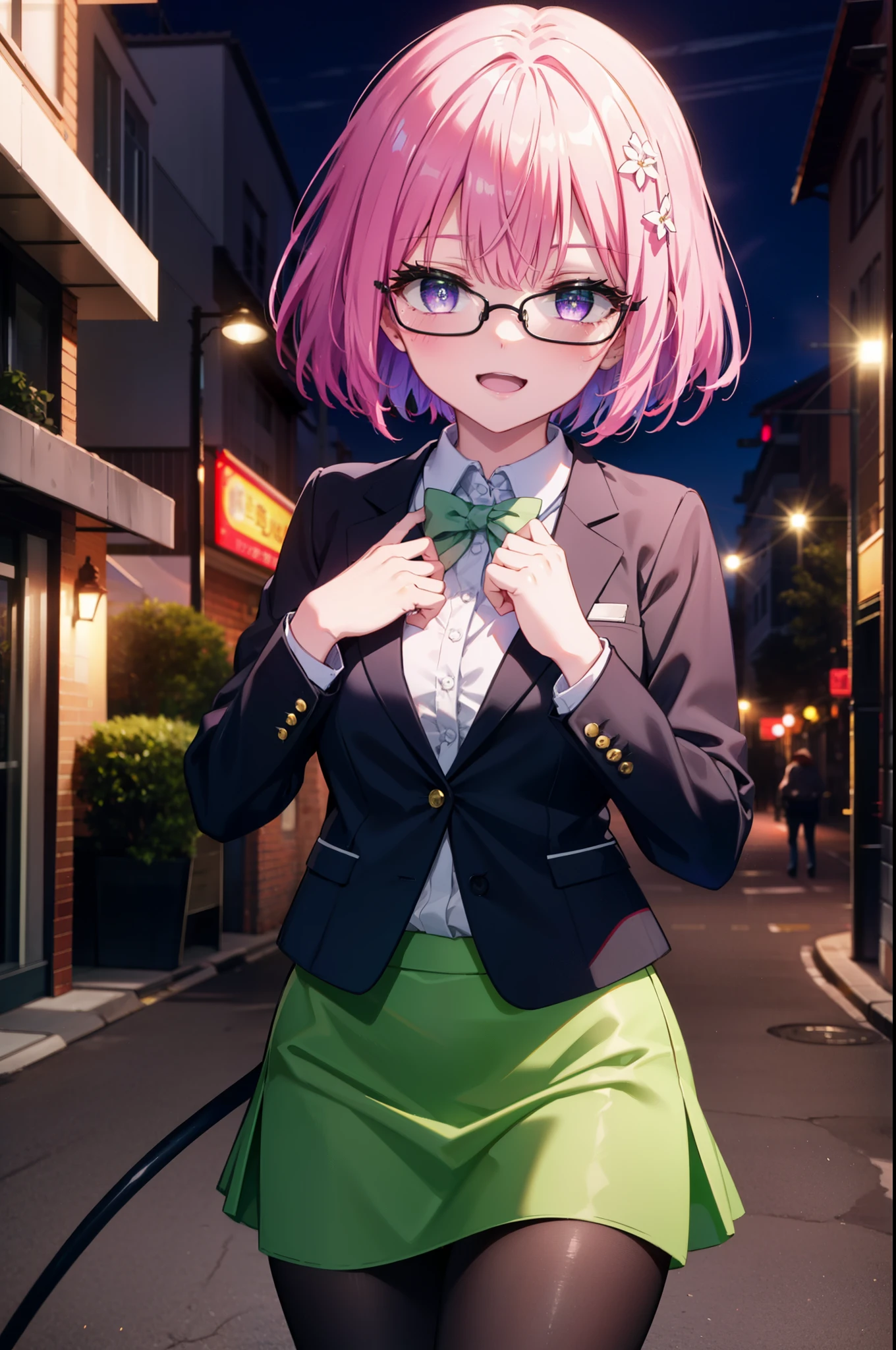 Momodeviluke, Deviluke type, demon tail, Hair Flowers, hair ornaments, (Purple eyes:1.1), Pink Hair, short hair, tail, happy smile, smile, Open your mouth,
break demon tail, Green Skirt, OL, Red glasses, end, black suit jacket, collared jacket, White dress shirt, Collared shirt, Neckline, button, strap, Black pencil skirt, Black pantyhose,Stiletto heels,morning,morning陽,The sun is rising,City Street,
break outdoors, In town,Building district,
break looking at viewer, (Cowboy Shot:1.5),
break (masterpiece:1.2), highest quality, High resolution, unity 8k wallpaper, (figure:0.8), (beautiful detailed eyes:1.6), extremely detailed face, Perfect lighting, extremely detailed CG, (Perfect hands, Perfect Anatomy),