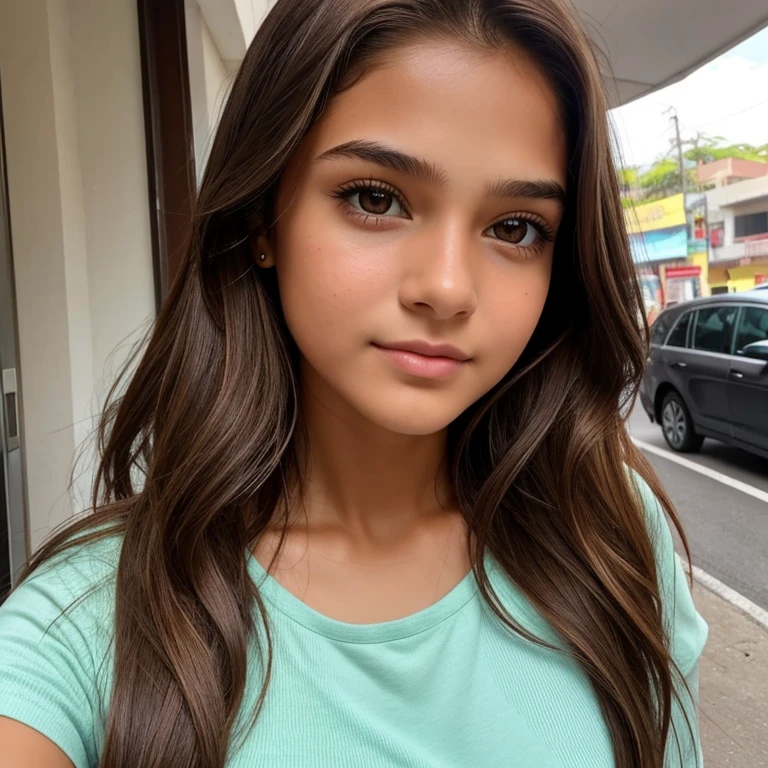 Girl, beautiful, ager, brown hair, light brown eyes, walking clothes, with the face of actress Bela Fernandes, selfie