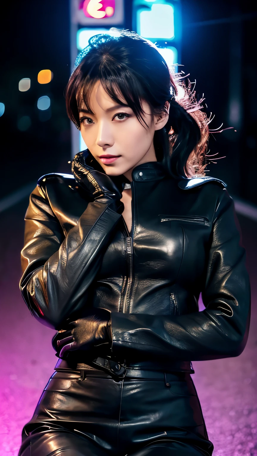 black leather rider jacket, office in the dark, Fingertips of black leather gloves on both hands,wearing black leather gloves,sitting in a black leather chair、 Japanese female new employee (black leather gloves cover both hands) (The angle is horizontal)、black leather leather pants,black leather black leather pants,black leather skinny pants、Long black leather boots on both feet、black hair ponytail ((He wears black leather gloves on his hands))Full Body Photo,full body shot full body full body leather suit,☺If you turn in this direction。wearing black leather gloves,wearing black leather gloves,wearing black leather gloves,wearing black leather gloves,wearing black leather gloves,wearing black leather gloves,黒のレザーパンツが美しい😍黒のレザーパンツが美しい😍黒のレザーパンツが美しい,😍I'm smiling while looking at you,City lights、((Neon Cyberpunk City Street:1.3))、(Neon Light)、Detailed lighting、
Best image quality、Ultra-high resolution、(realism:1.4)、korean beauty star、The most beautiful KPOP stars、face、horny korean makeup、A body that makes you want to touch it、Realistic leather texture、Costume made of smooth leather fabric、The drape of the curved parts of the leather fabric、The costume has a strong shine、costume quality、8K Photo Quality