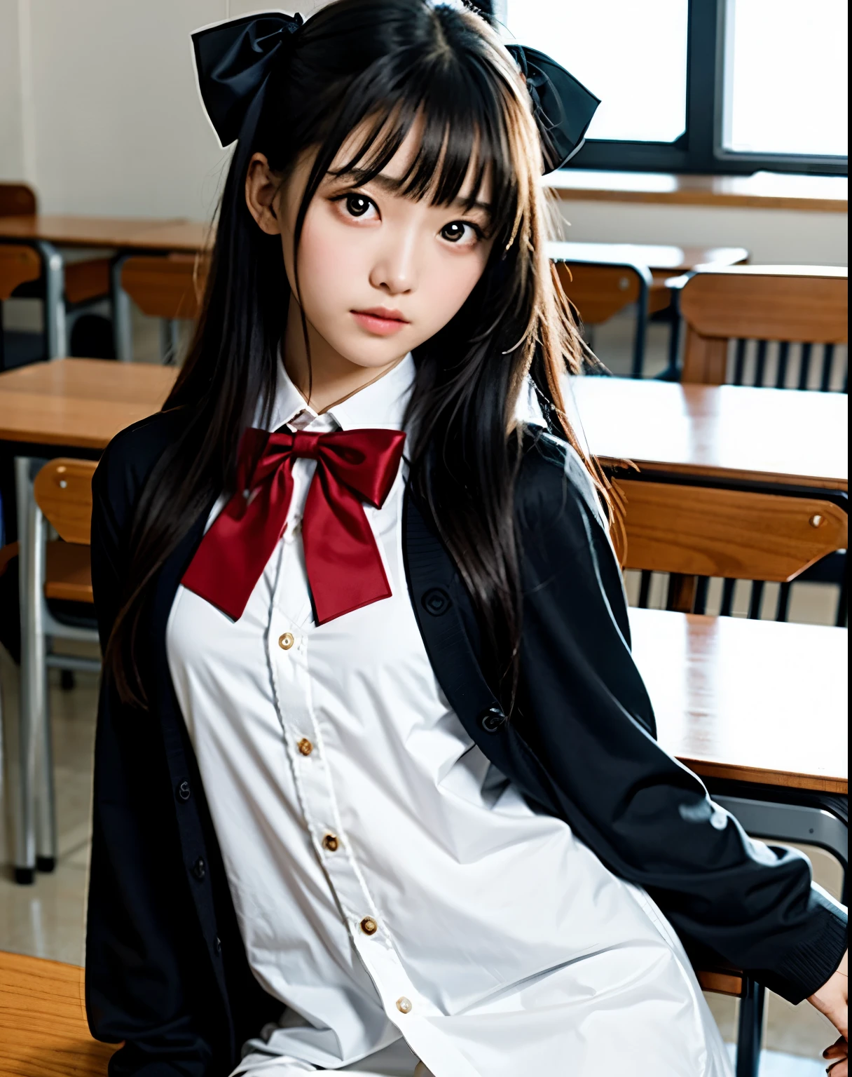 masterpiece, Best image quality, beautiful girl, 15 years old, Long Hair, Black Hair, bangs, Black Cat Suit, student, White blouse, Red bow tie, cream cardigan, From the waist up, Close-up, School classroom, Fine grain, Big eyes, Puffy eyes, Depressed expression, I&#39;m looking forward to, Realistic photos, Real photo, double eyelid, Japanese Girls, Beautiful Asian Girl,
