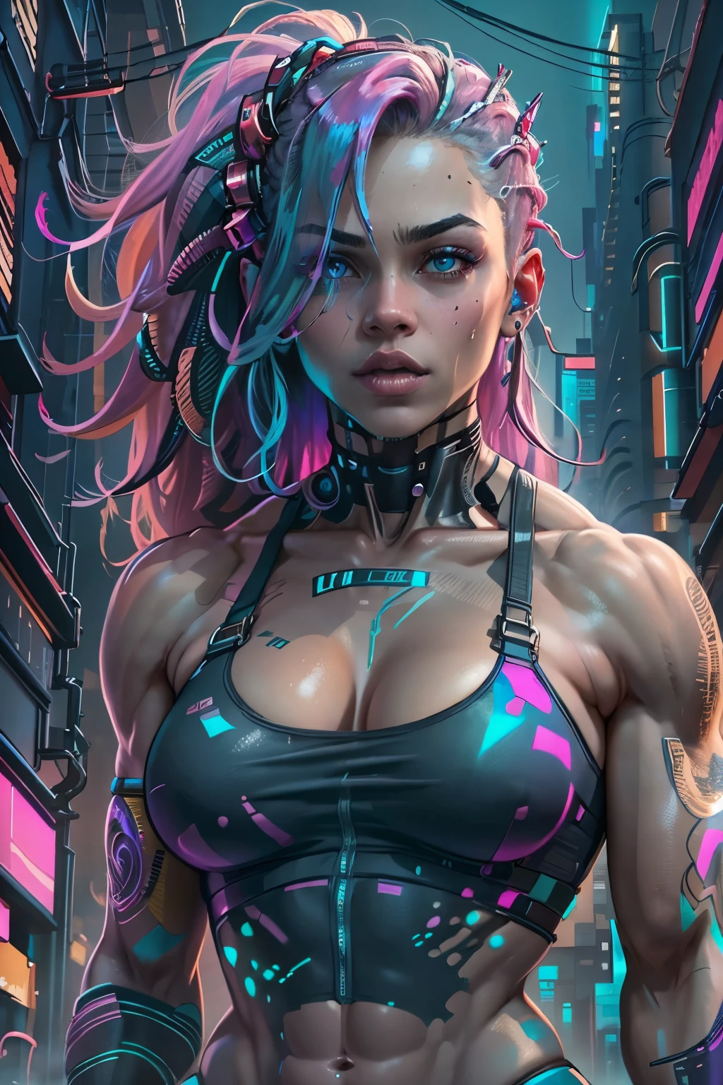 ((full body image)), ((best quality)), ((masterpiece)), (detailed), ((very muscular)), bodybuilder, big breasts, cyberpunk young woman, walking on the streets, pink and blue long hair. cyberpunk style