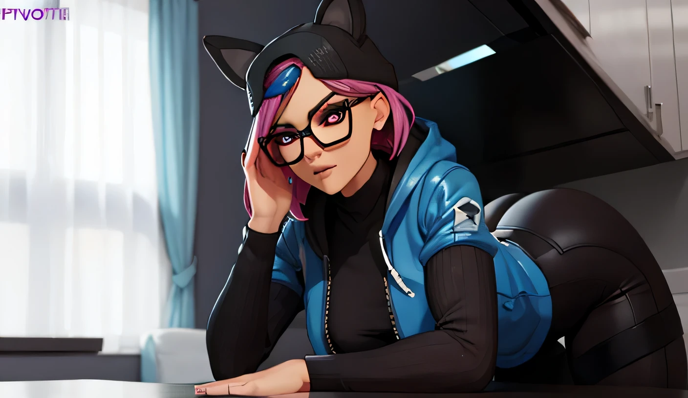 Lynx chaqueta negra con azul guantes sin dedos, Leggings negros, ojos finos detallado, gafas, Rostro detallado hermosa