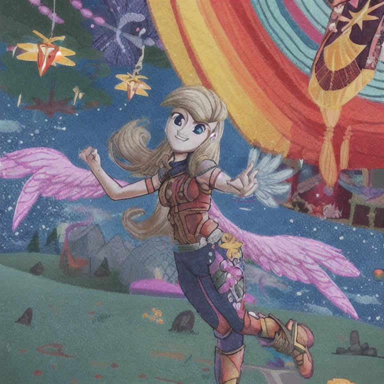 Derpy Hooves, my little pony, gray skin and wings, yellow mane, HUMAN BODY, 2 hands, 2 legs, female, long fur, in your direction, incriminating smile, looking the camera, standing intimidating, spread wings, fluffy feathers, feathers flying, floating in space, colored gases, neon stars, hyper-detail, 3d illustration, high contrast, masterpiece, hyper-realism, best quality, fantasy art, magnificent, celestial, epic, majestic, magical