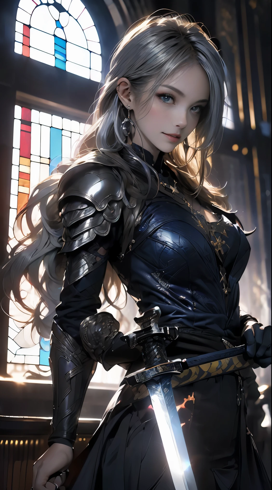 (Official Art、highest quality、unity 8k wallpaper、32k、masterpiece、Very detailed、Ultra-high resolution、Realistic、realism、very interesting:1.2)、(Cinema Lighting:1.2)、Fire Effects、Film Grain、Best shade、Edge Lighting、Side light、(Very detailed且复杂的 3D 渲染)、细致Beautiful Face庞和眼睛、Sharp pupils、Realistic学生、Thin、1men and women、Medium Bust、(whole body:1.2)、 Beautiful Face、16 year old beautiful girl、(super fine skin、Detailed skin texture:1.3)、(silver blonde、Blue-silver hair:1.3)、paladin、Long Hair、Blunt bangs、Green Eyes、3 strands, 1 bundle、(Blue Armor、Blue Boots、blue helmet、set with jewelry、gold embroidery)、Thin、Long skirt、(Thighs Thighs Thighs:0.8)、(Chis、Inside the house、Art stained glass、large pipe organ、Hello、mystery、Many feathers floating、Angelic、Particles of light、Severe、Sunshine is、colorful、wonderful:1.2)、(wonderful:1.3)、(Hold the holy sword:1.4)、wonderful、Laugh and laugh