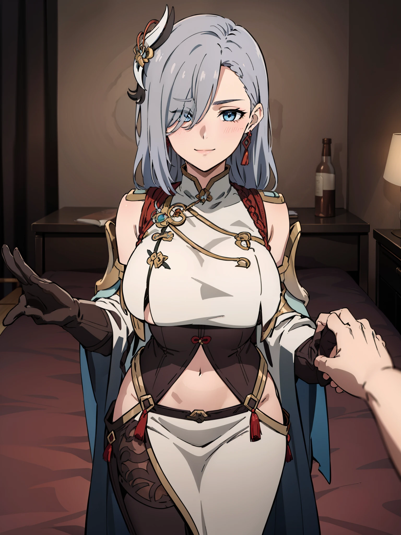 (Grabbing Viewer POV : 1.3), earrings, braided ponytail, puffy sleeves, gold trim, gloves, bodysuit, breast curtain, shoulder cutout, (covered navel), hip vent, clothing cutout, tassel, (luxury bedroom background), ShenheV4, anime cels style, best quality, high resolution, 1girl, (huge breasts:1.2), beautiful face, grey hair, long hair, hair ornament, hair over one eye, blue eyes, cowboy shot, smiling, blushing